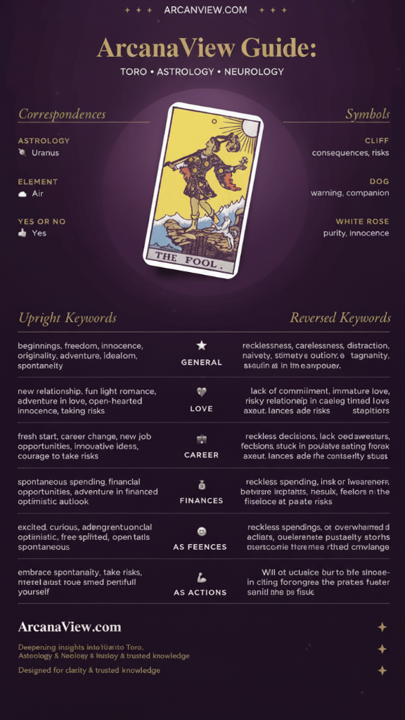 The Fool Tarot Card Guide: Infographic covering Upright and Reversed Keywords, Astrology (Uranus), Element (Air), and Symbolism.